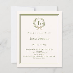 Ivory greenery wreath monogram Birthday invitation