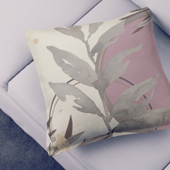Ivory Grey & Pink Artistic Watercolor Leaves Throw Pillow (Creator Uploaded)