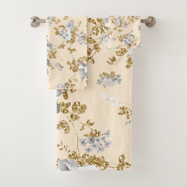 Ivory grey white gold glitter country boho floral bath towel set (Insitu)