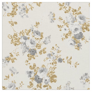 Ivory grey white gold glitter country boho floral fabric