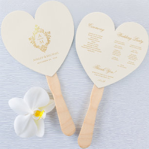 Ivory Heart Wedding Program Gold Crest Monogram  Hand Fan