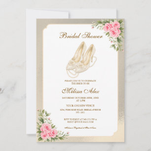 Ivory High Heels Pearls Pink Roses Bridal Shower Invitation