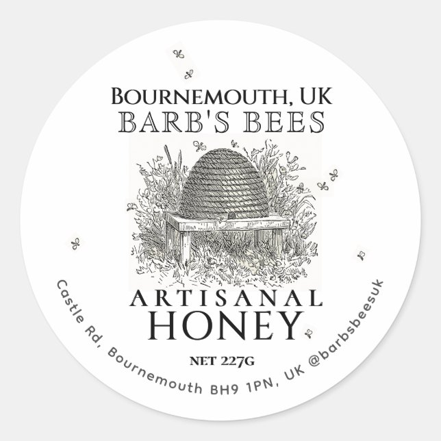 Ivory Honey Label Vintage Skep with Honeybees (Front)