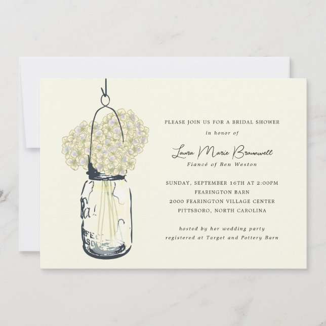 Ivory Hydrangea & Mason Jar Bridal Shower Invitation (Front)