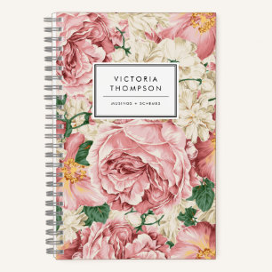 Ivory Hydrangeas and Pink Garden Roses Floral Notebook