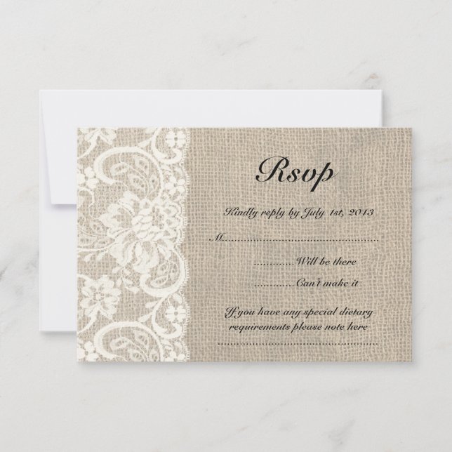 Ivory Lace and Burlap Look Wedding RSVP Card (Front)