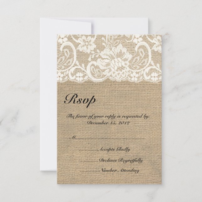 Ivory Lace and Warm Burlap Wedding RSVP Card (Front)
