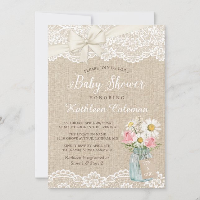 Ivory Lace Burlap Floral Mason Jar Baby Shower Invitation (Front)