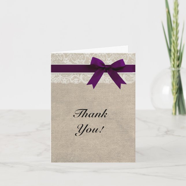 Ivory Lace Burlap Look Plum Thank You Card (Front)