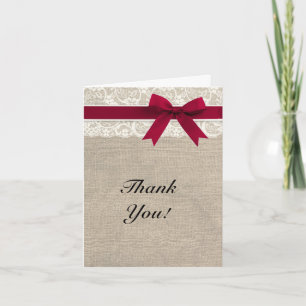Ivory Lace Burlap Look Thank You Card - Red