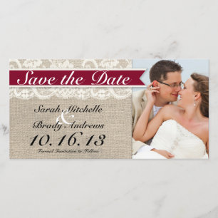 Ivory Lace & Burlap Vintage Save the Date - Red