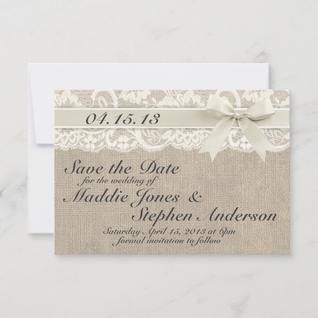 Ivory Lace & Burlap Wedding Save the Date (Front)