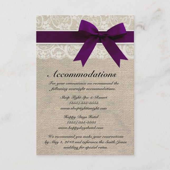Ivory Lace et Burlap Look Plum Carte d'hébergement (Devant)