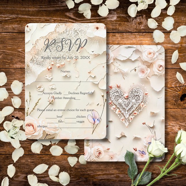 Ivory Lace Heart Floral Romantic Spring Wedding RSVP Card (Creator Uploaded)