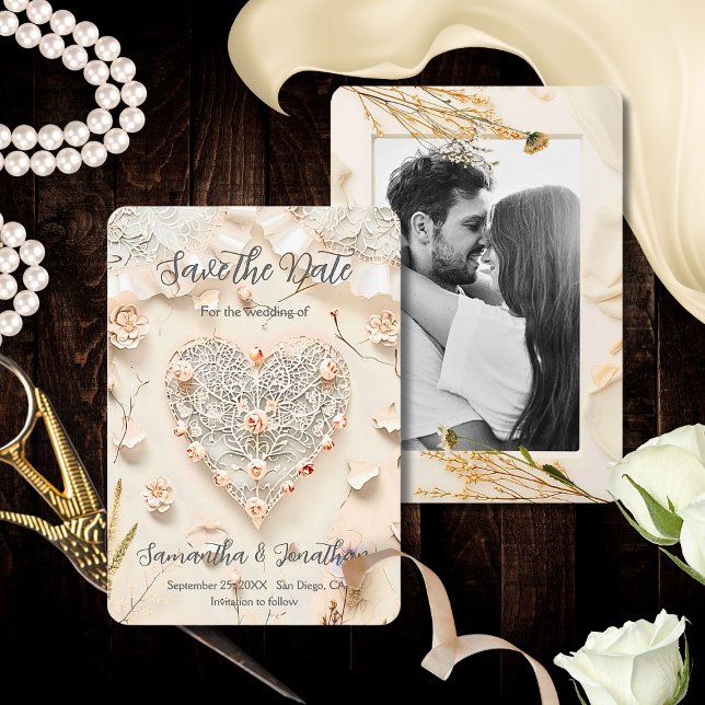 Ivory Lace Heart Photo Floral Romantic Spring Save The Date (Creator Uploaded)