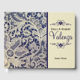 Ivory Lace Navy Blue Elegant Wedding Guest Book