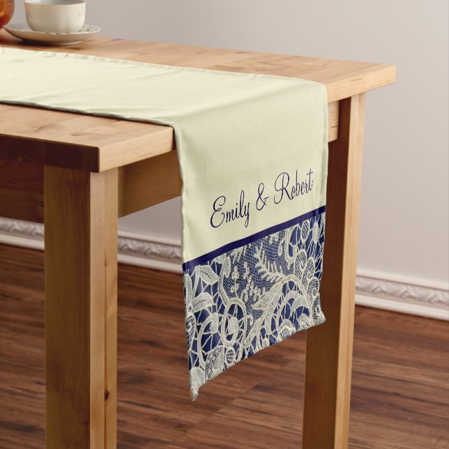 Ivory Lace Royal Navy Blue Formal Reception Short Table Runner (In Situ)