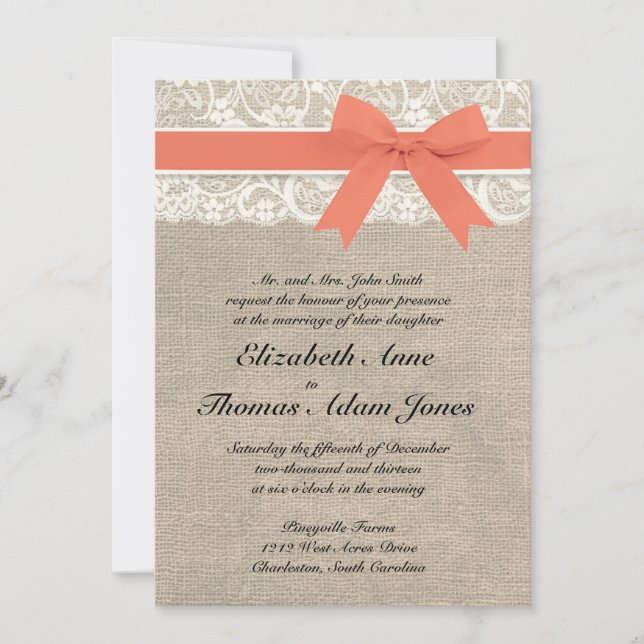 Ivory Lace Rustic Burlap Wedding Invitation- Coral Invitation (Front)