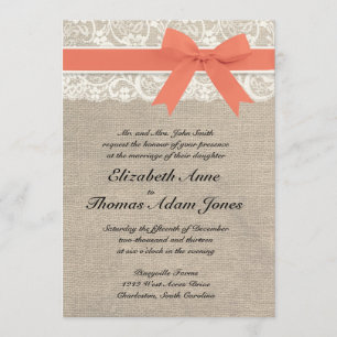 Ivory Lace Rustic Burlap Wedding Invitation- Coral Invitation