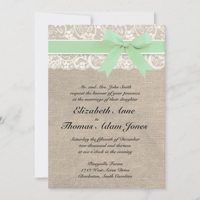 Ivory Lace Rustic Burlap Wedding Invitation- Mint Invitation (Front)