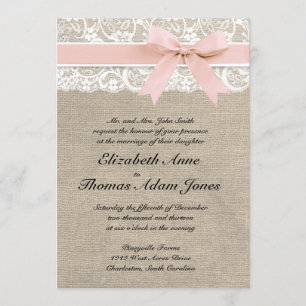 Ivory Lace Rustic Burlap Wedding Invitation- Peach Invitation
