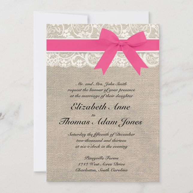 Ivory Lace Rustic Burlap Wedding Invitation- Pink Invitation (Front)