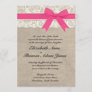 Ivory Lace Rustic Burlap Wedding Invitation- Pink Invitation