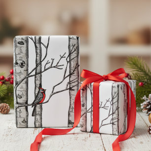 Ivory Large Birch Trees and Red Cardinal Birds Wrapping Paper