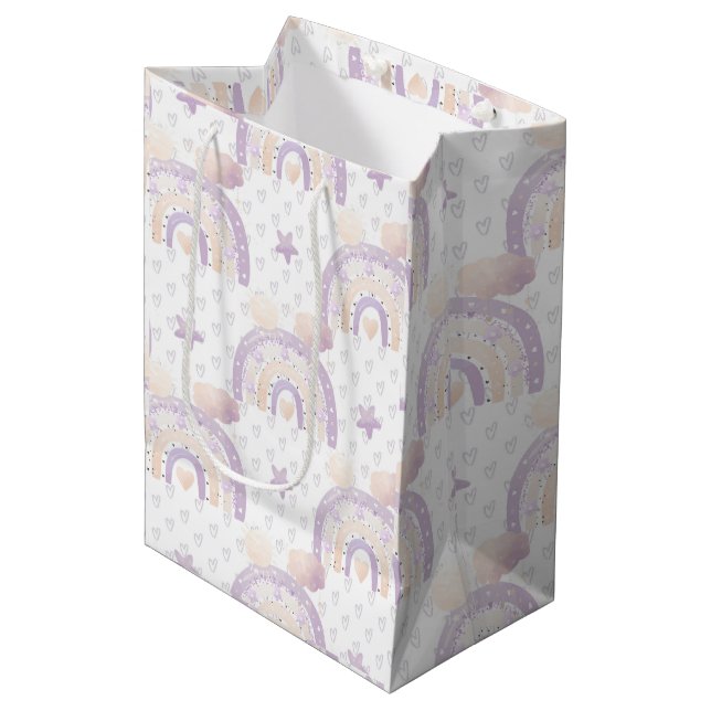 Ivory Lavender Boho Rainbow Baby Girl Shower Medium Gift Bag (Front Angled)
