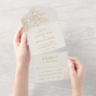 Ivory Line Art Floral Elegant Wedding All In One Invitation