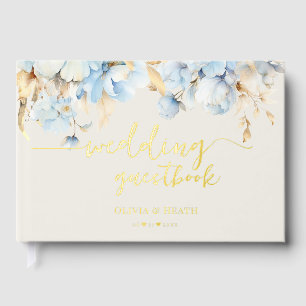 Ivory Linen Dusty Blue Floral Wedding Guest Book
