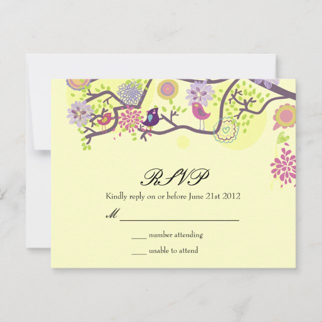 Ivory Love Birds on Tree Wedding RSVP Card (Front)