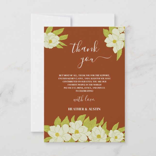 Ivory Magnolia Flower Rusty Wedding Thank you card (Front)
