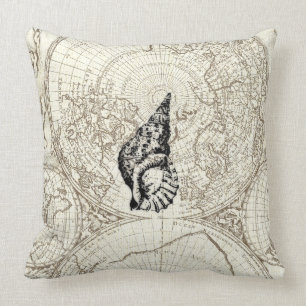 Ivory Map and SeaShell Illustration Sealife Throw Pillow