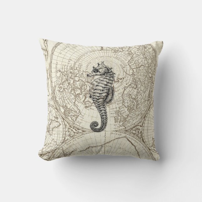 Ivory Map Black Seahorse Illustration Sealife Throw Pillow (Front)