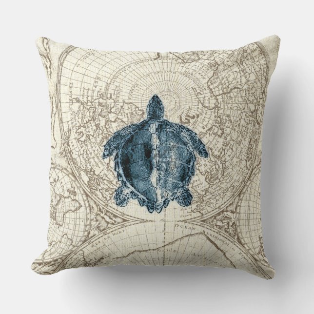 Ivory Map Blue Turtle Illustration Sealife Throw Pillow (Front)