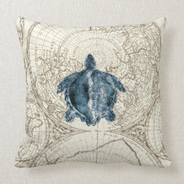Ivory Map Blue Turtle Illustration Sealife Throw Pillow