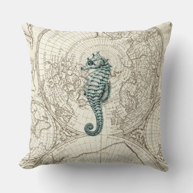 Ivory Map Green Seahorse Illustration Sealife Throw Pillow (Front)