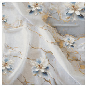 Ivory Marble Silk & Soft Light Blue Flowers Fabric
