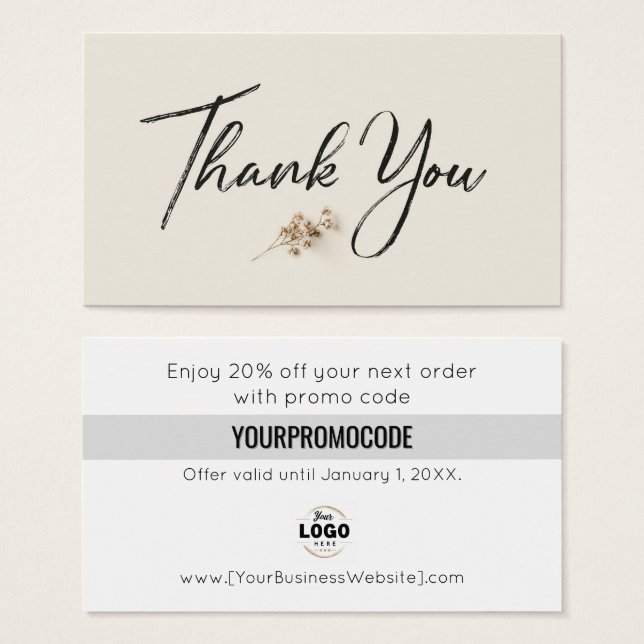 Ivory Minimalist Botanical Thank You Discount Card (Front & Back)