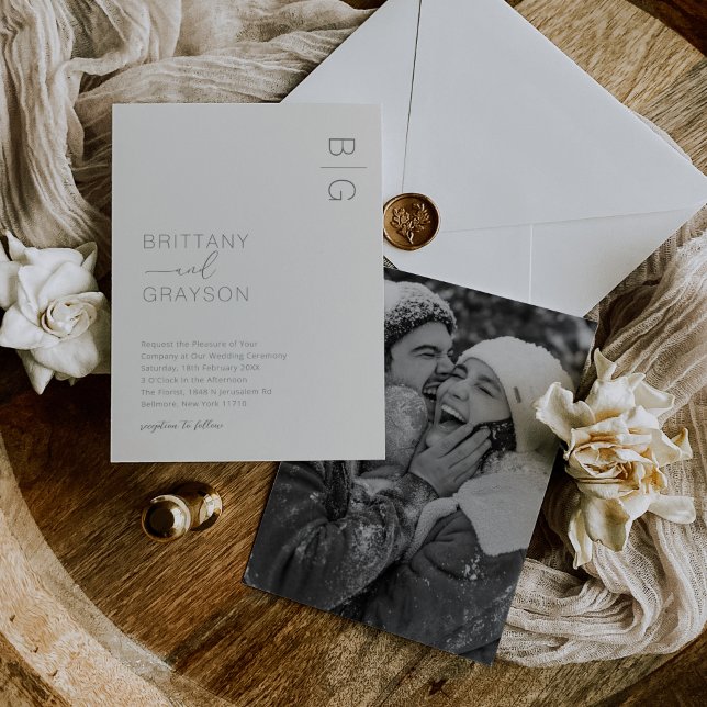Ivory Modern Monogram Photo Wedding Invitation (Creator Uploaded)
