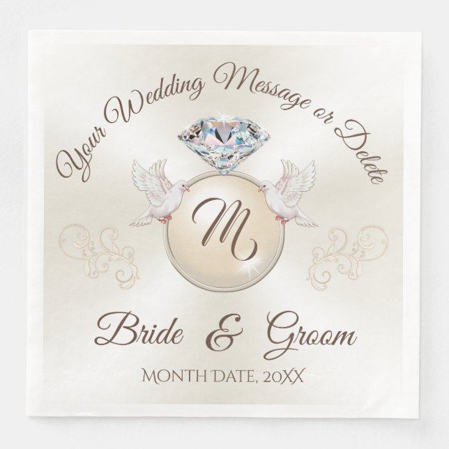 Ivory Monogram Wedding Napkins, Diamond Ring Napkin (Front)