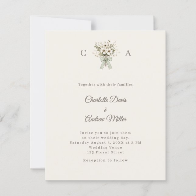 Ivory monogrammed floral green wedding invitation (Front)