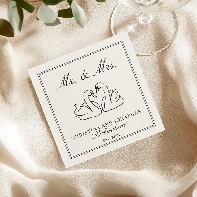 Ivory Mr & Mrs Romantic Swans Old Money Wedding  Napkin (Creator Uploaded)