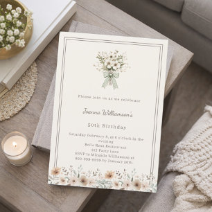 Ivory muted green floral birthday invitation