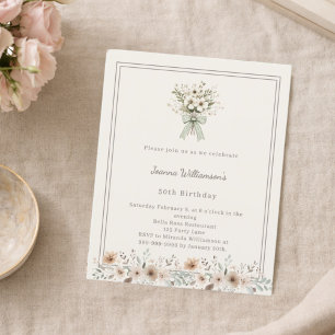 Ivory muted green floral birthday invitation