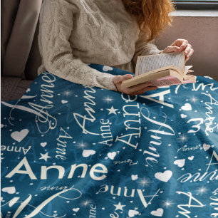 Ivory Names Cute Hearts all over Ocean-Blue Magic Fleece Blanket