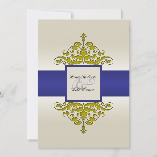 Ivory Navy and Gold Damask Wedding Invitation (Front)