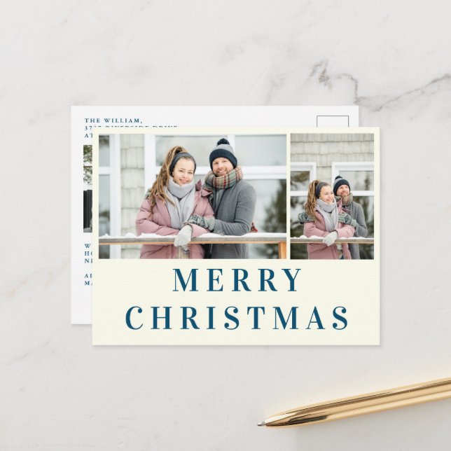 Ivory Navy Blue Text Merry Christmas Photo Collage Postcard (Front/Back In Situ)