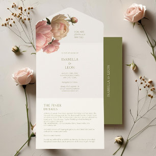 Ivory & Olive   Blush Rose Wedding  All In One Invitation